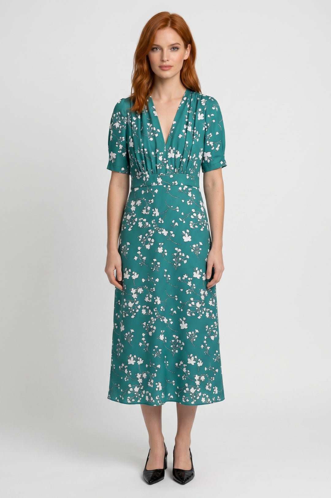 Midi Dress Ladies Floral Print V-Neck Short Sleeves Fitted