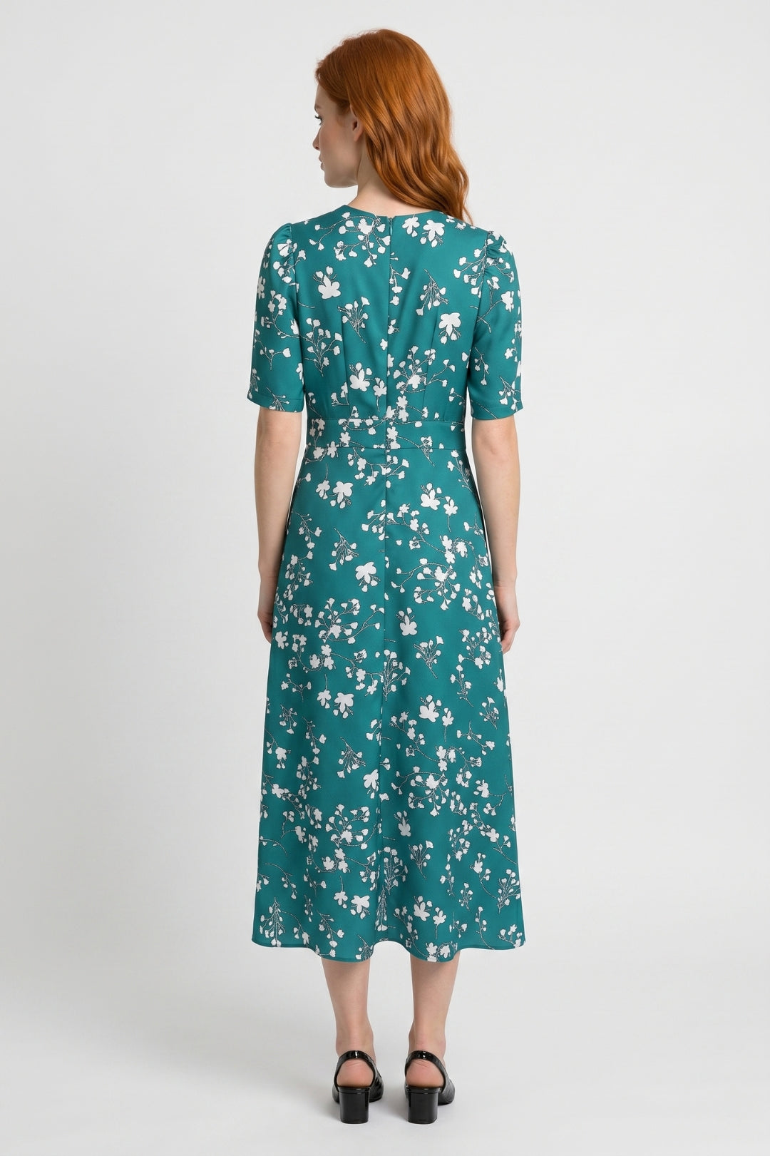 Midi Dress Ladies Floral Print V-Neck Short Sleeves Fitted