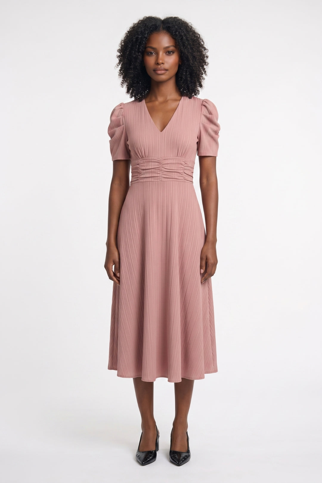 Midi Dress Ladies Tailored V-Neck Puff Sleeves Elastic Waist
