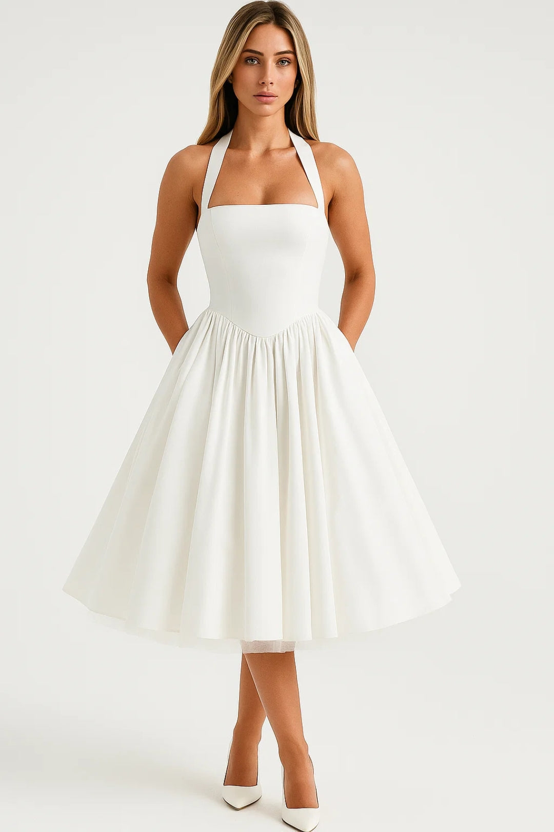 Midi Dress Ladies Halter Neck A-line Formal Party