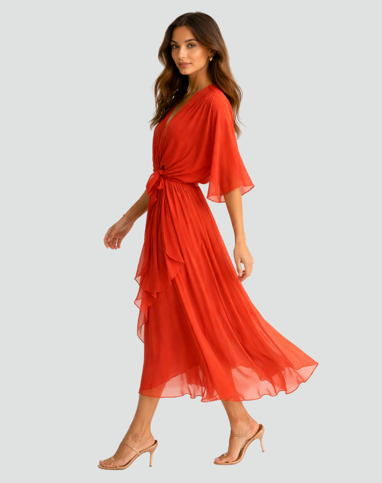 Midi Dress Ladies Wrap Neckline Waist Tie Gala Formal
