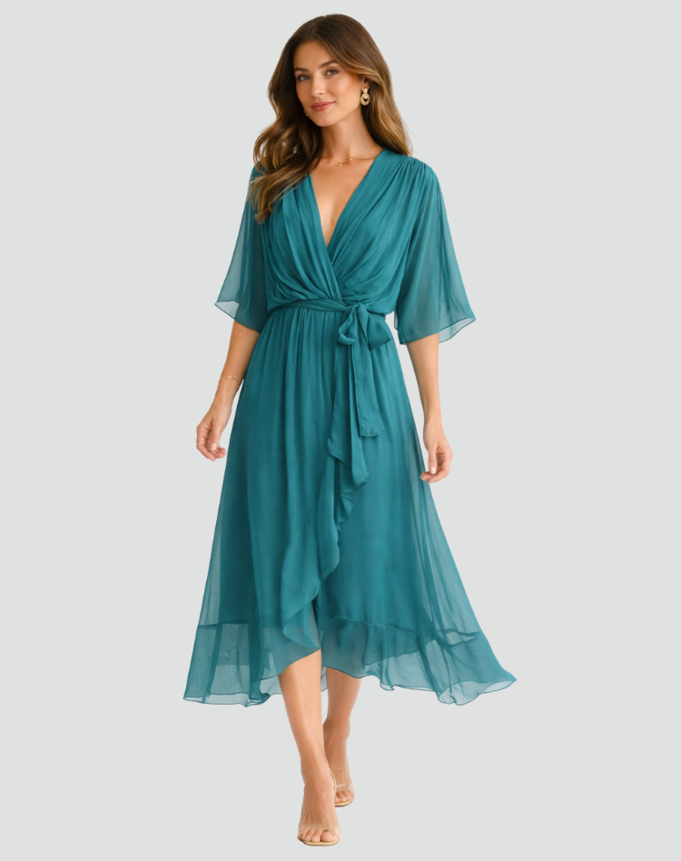 Midi Dress Ladies Wrap Neckline Waist Tie Gala Formal