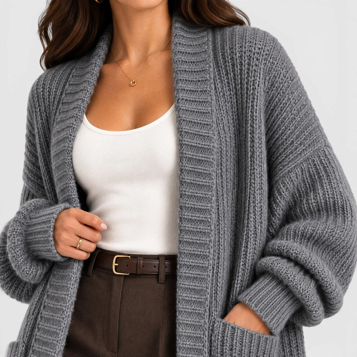 Long Women's Knitted Waistcoat with Pockets