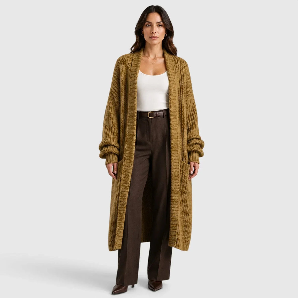 Long Women's Knitted Waistcoat with Pockets