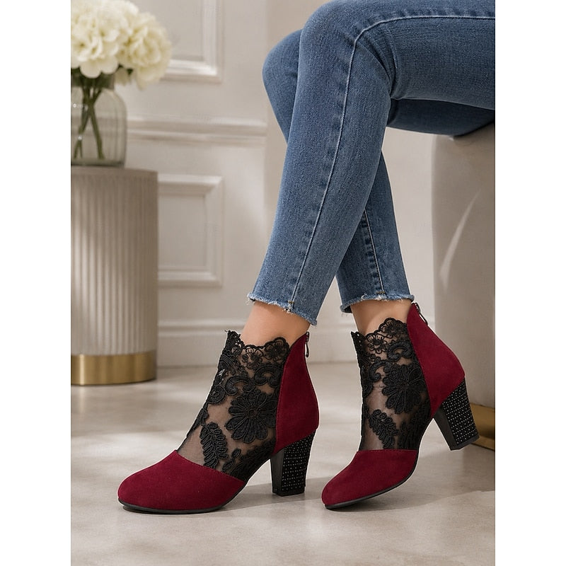 Helena | Floral Lace Ankle Boots with Block Heel