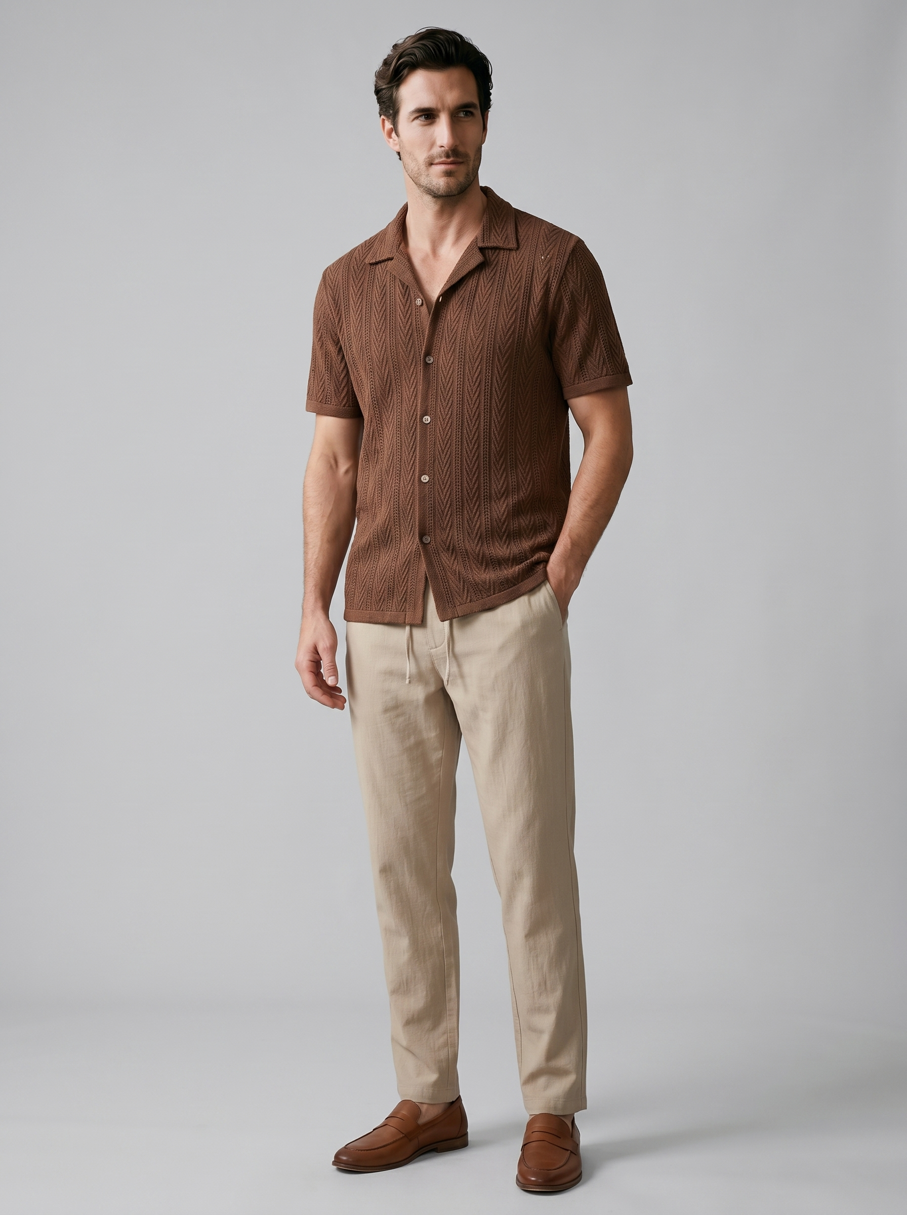 Open-Knit Shirt and Trousers Set for Men - Summer Casual