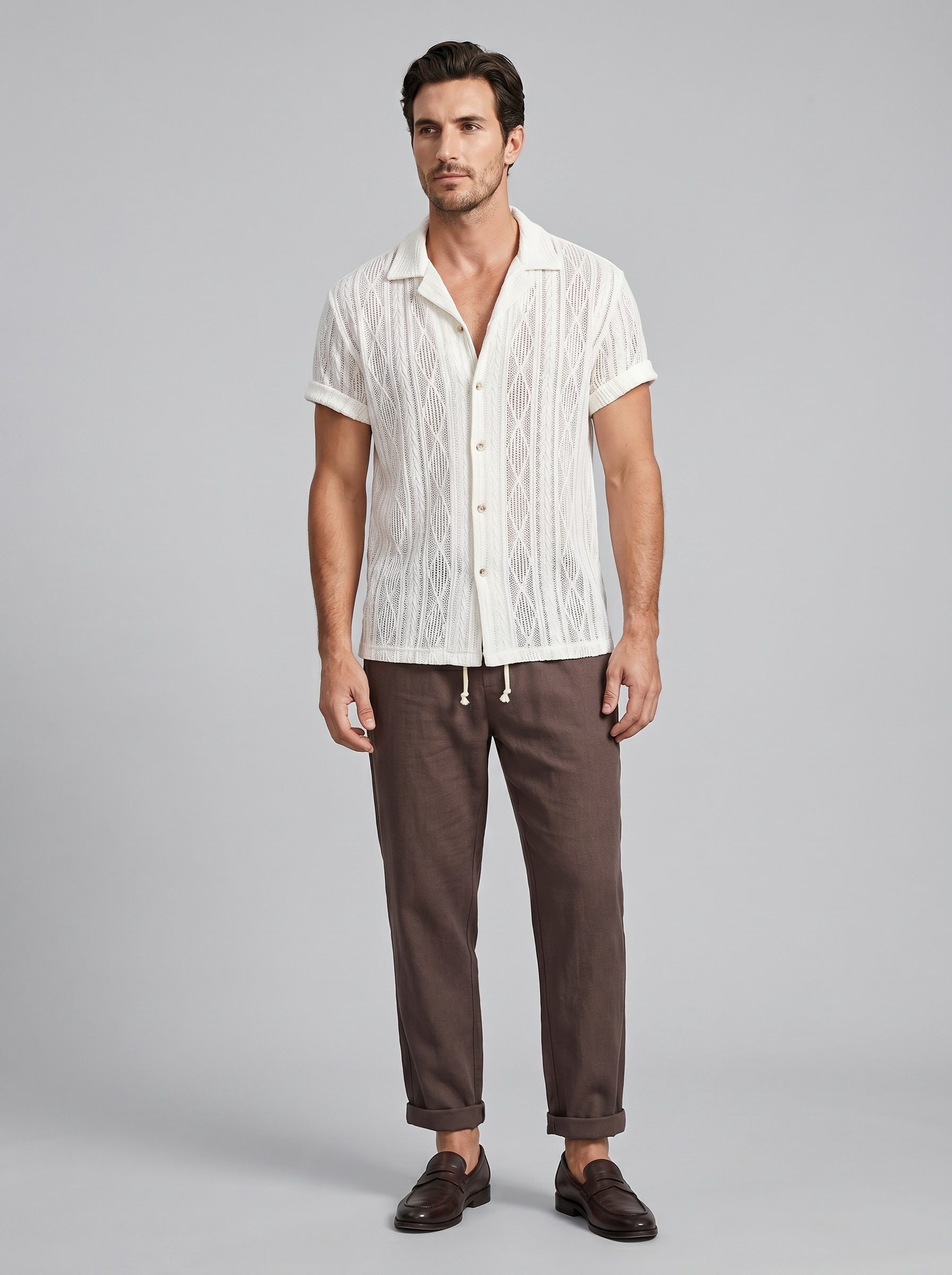 Open-Knit Shirt and Trousers Set for Men - Summer Casual