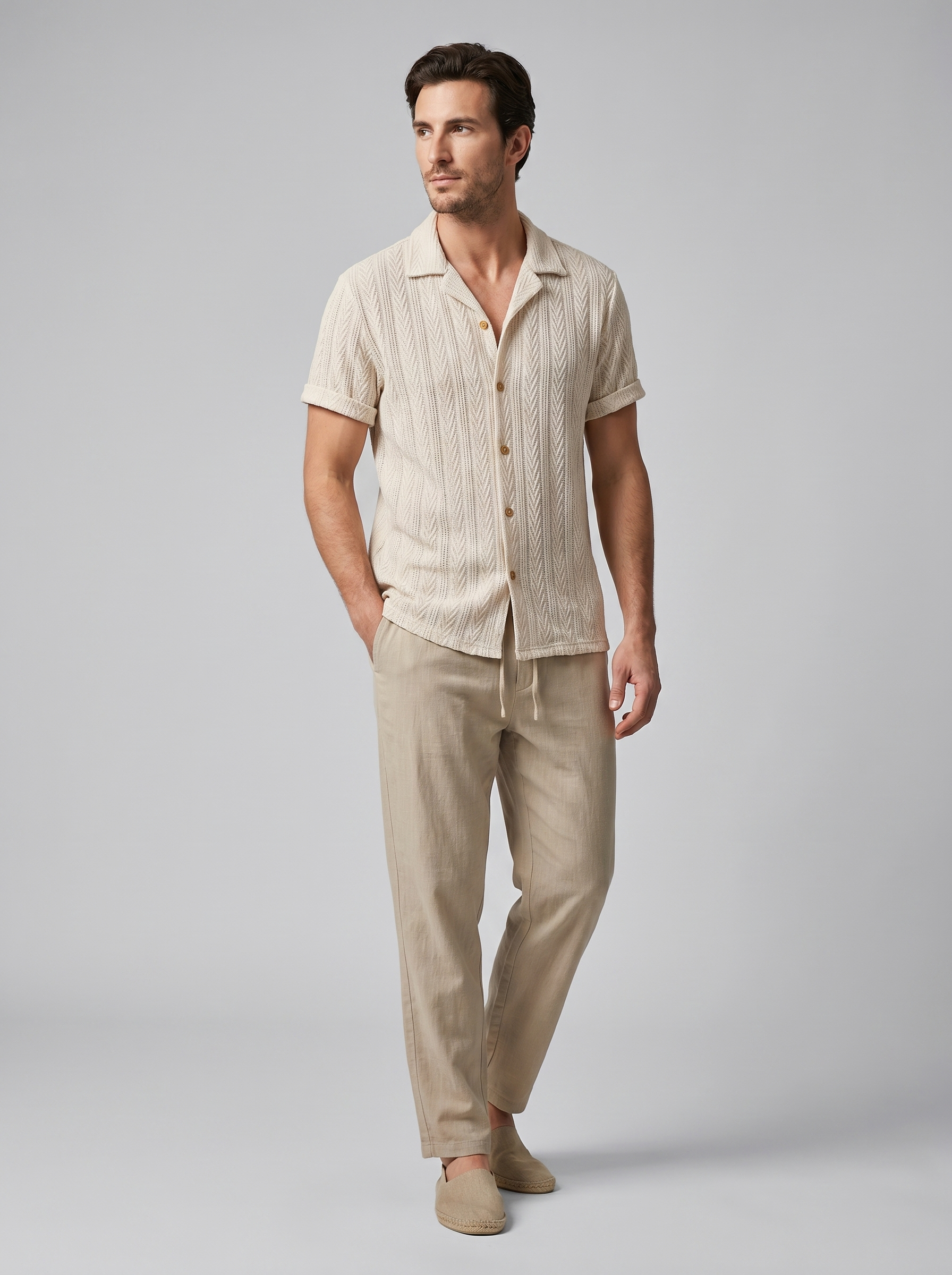 Open-Knit Shirt and Trousers Set for Men - Summer Casual