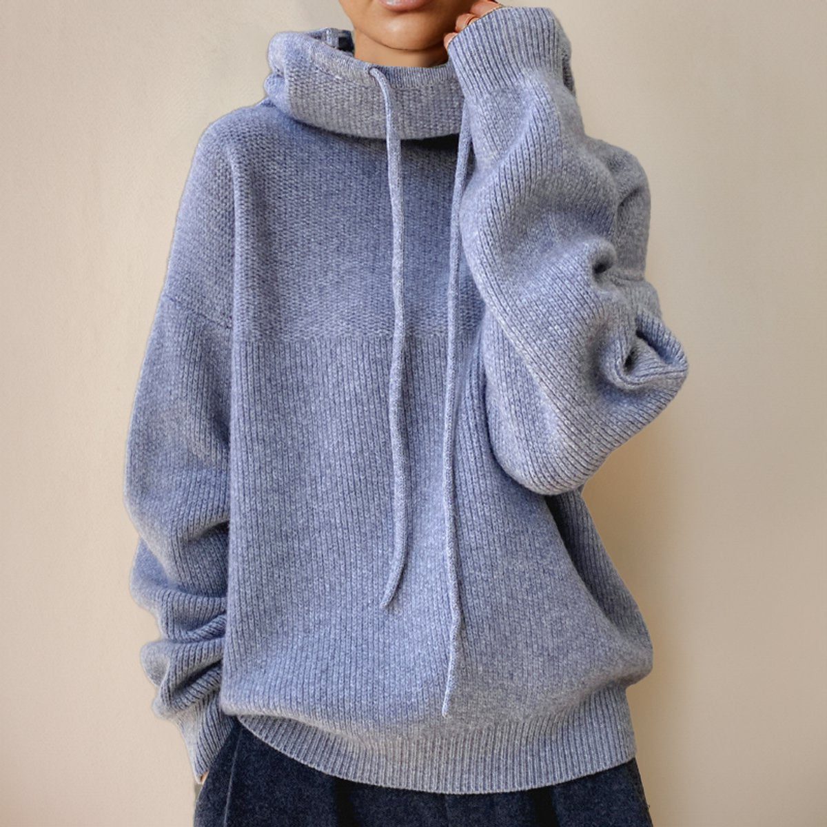 Women's Oversized Fine Knit Hoodie with Roll Neck