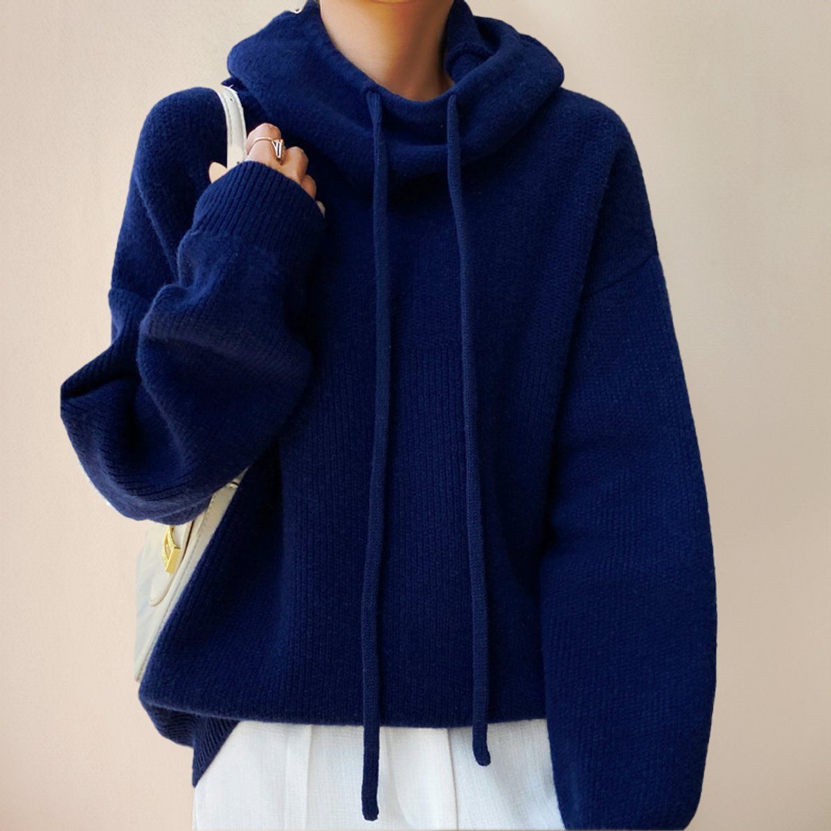 Women's Oversized Fine Knit Hoodie with Roll Neck