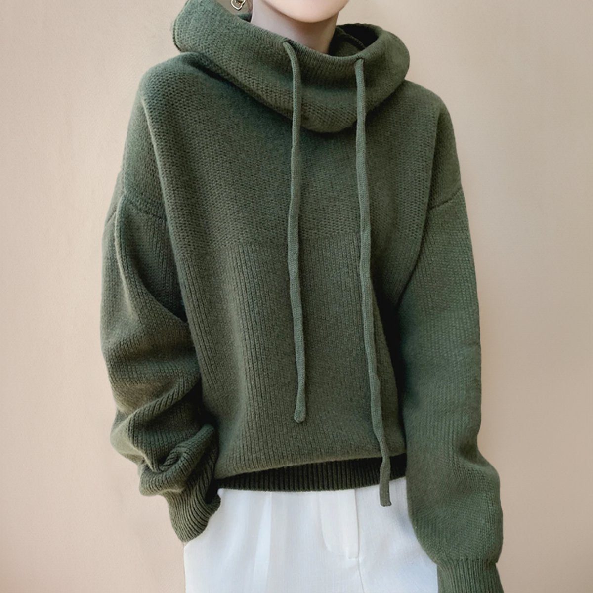 Women's Oversized Fine Knit Hoodie with Roll Neck