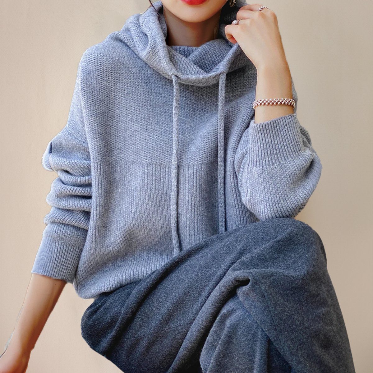 Women's Oversized Fine Knit Hoodie with Roll Neck