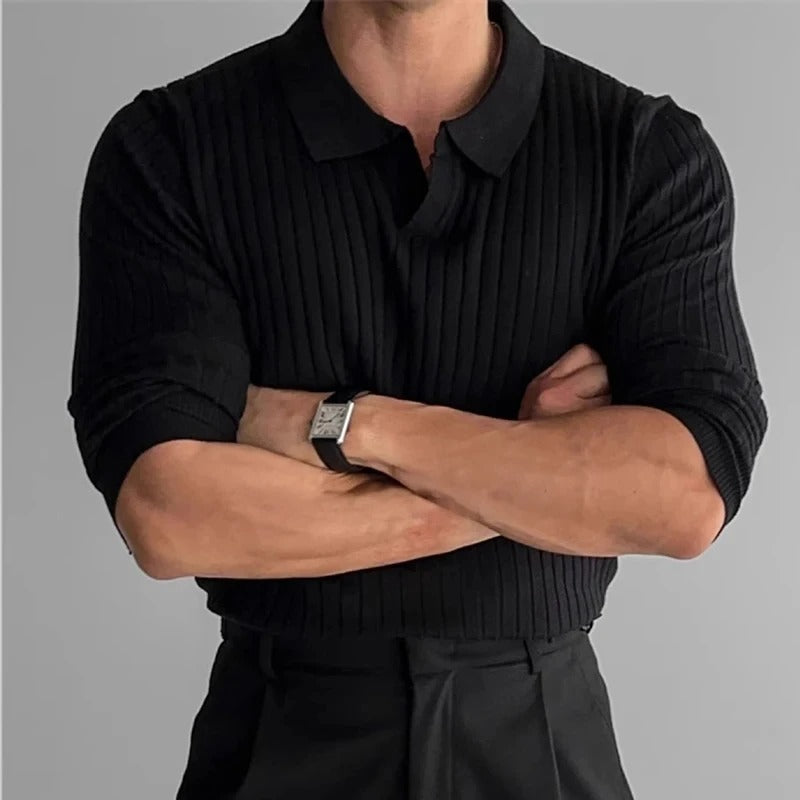 Men's Long Sleeve V-Neck Slim Fit Casual Polo