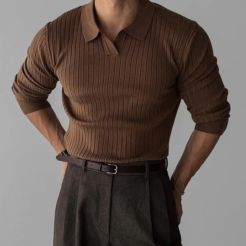 Men's Long Sleeve V-Neck Slim Fit Casual Polo
