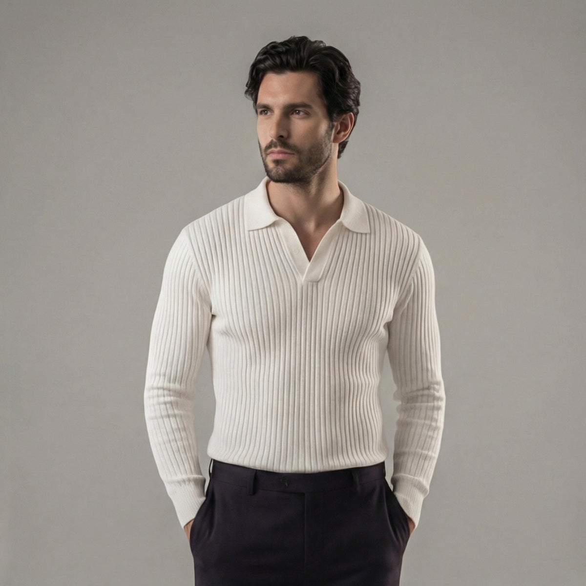 Men's Long Sleeve V-Neck Casual Polo Shirt