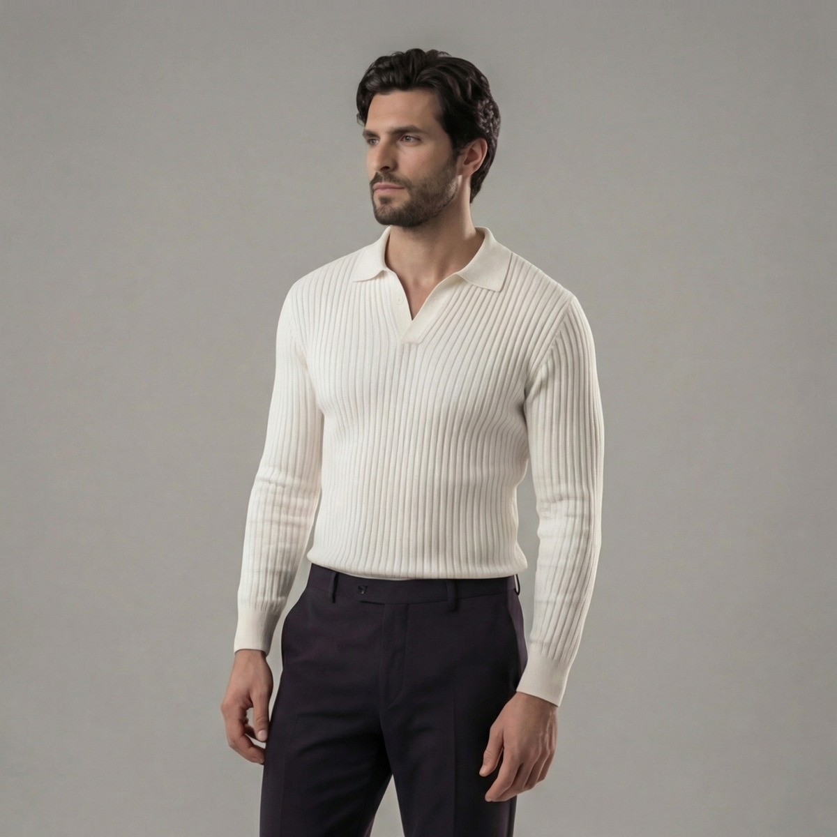 Men's Long Sleeve V-Neck Casual Polo Shirt