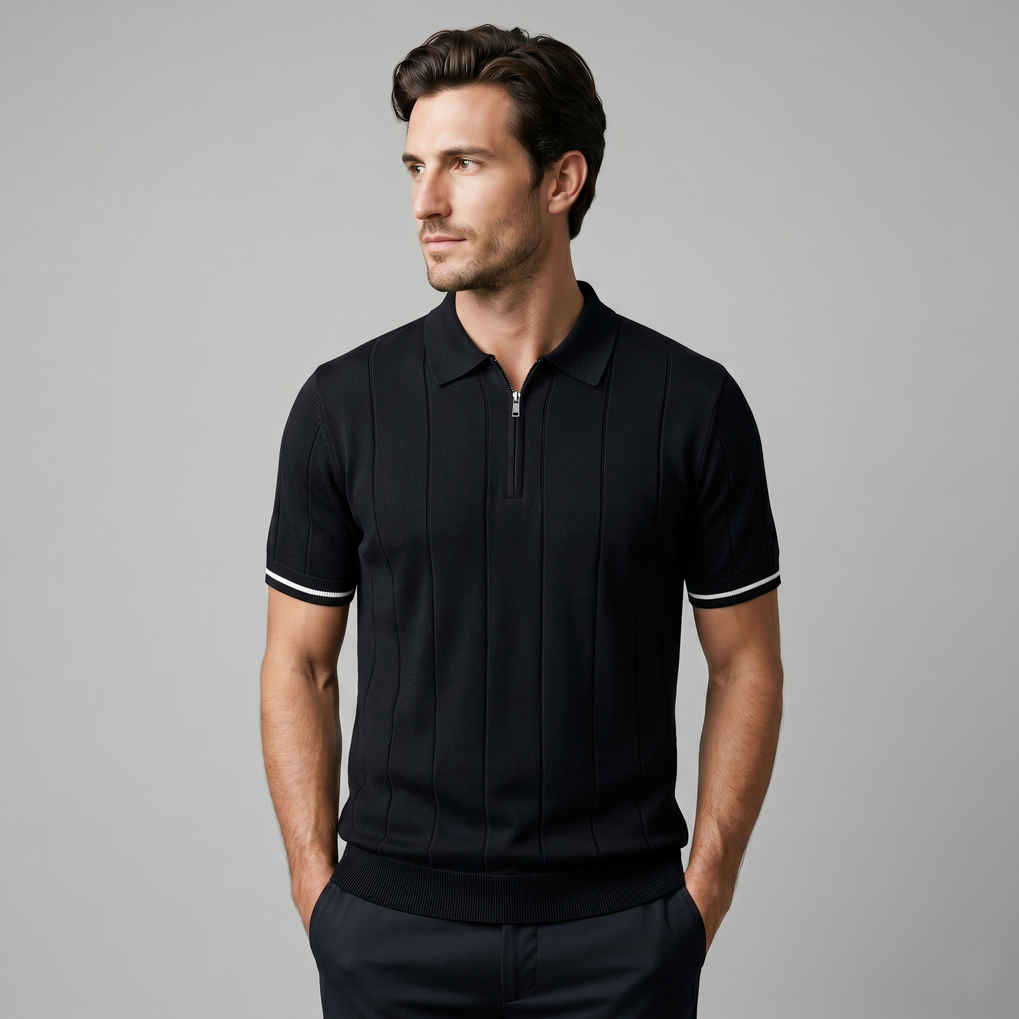 Men's Vertical Stripe Zip-Neck Polo