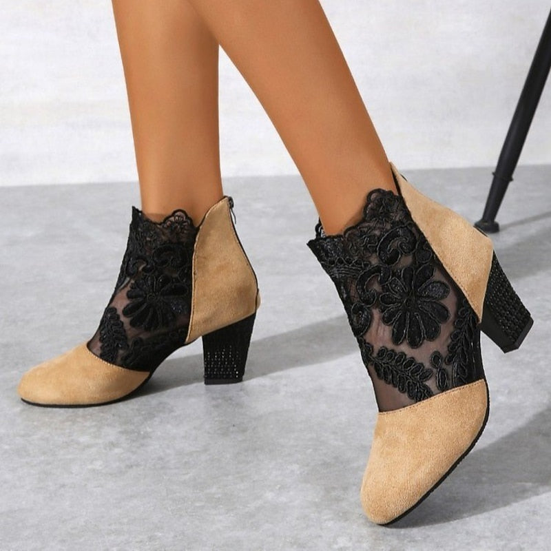 Helena | Floral Lace Ankle Boots with Block Heel