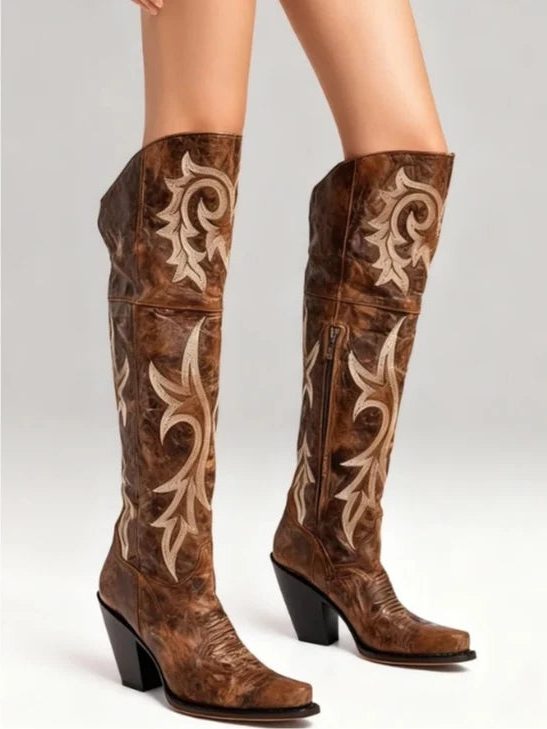 Embroidered Pointed Toe Block Heel Boots for Women