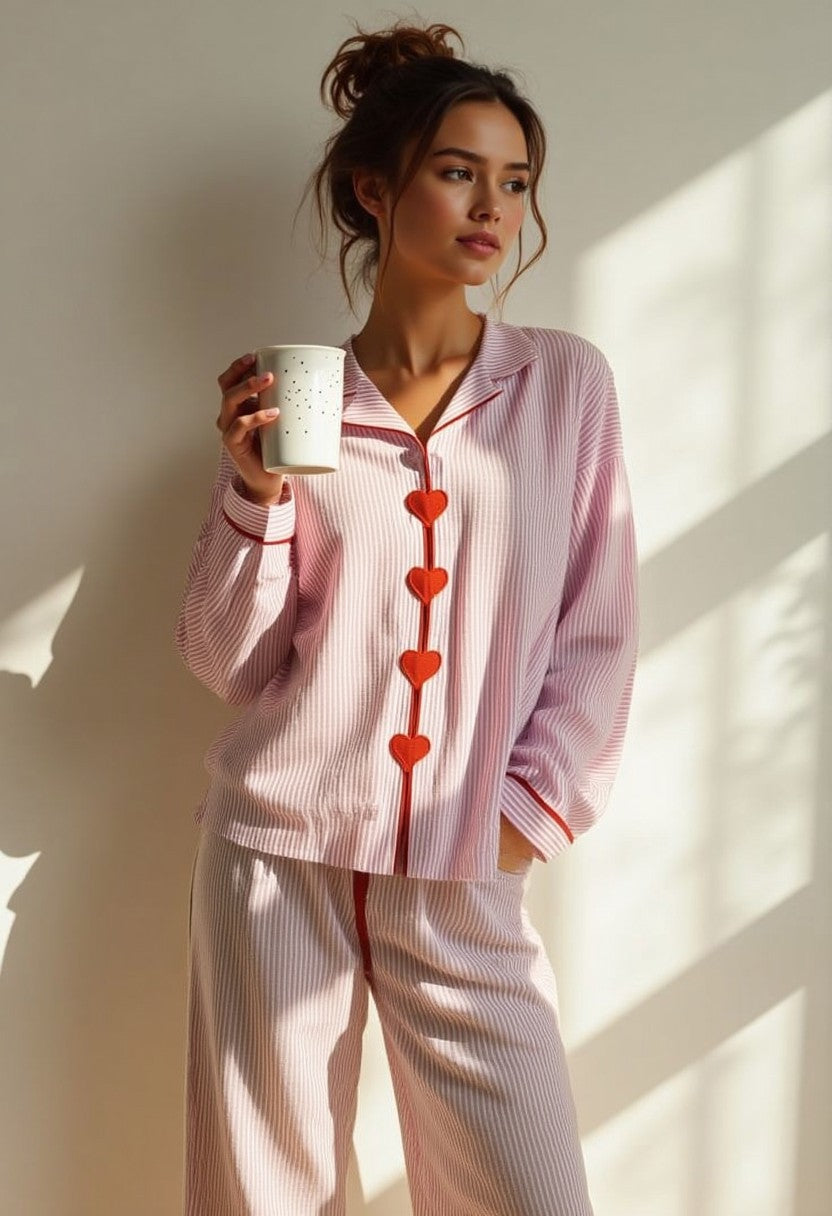 Ladies' Pyjama Set Two-Piece Heart Buttons Elastic Waist