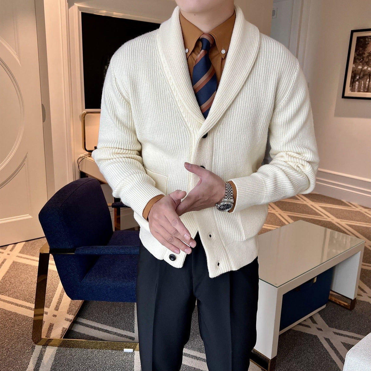 Ribbed Cardigan for Men with Lapel Collar