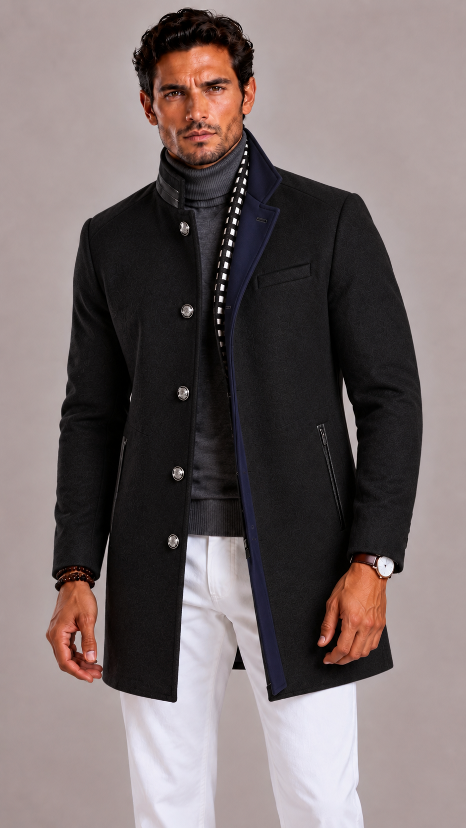 Men's Wool Blend Trench Coat with Double Breasted Closure