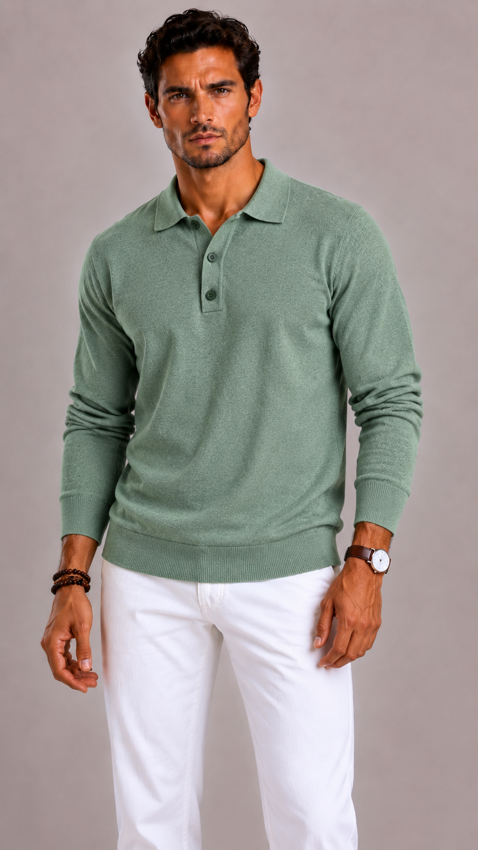 Men's Polo Shirt with Long Sleeves, Collar and Button Closure