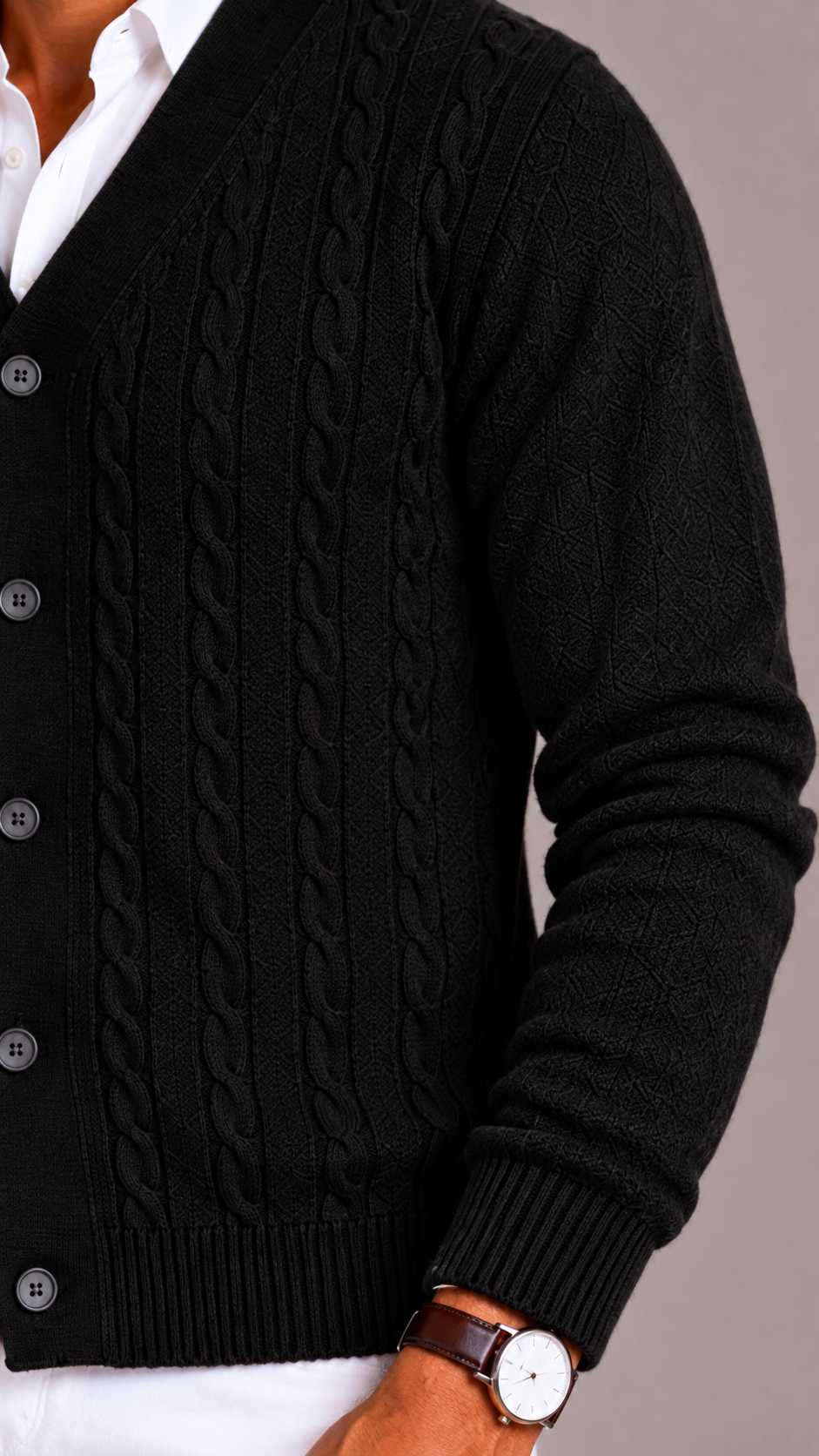 Men's Cable Knit Cardigan with V-Neck and Button Closure