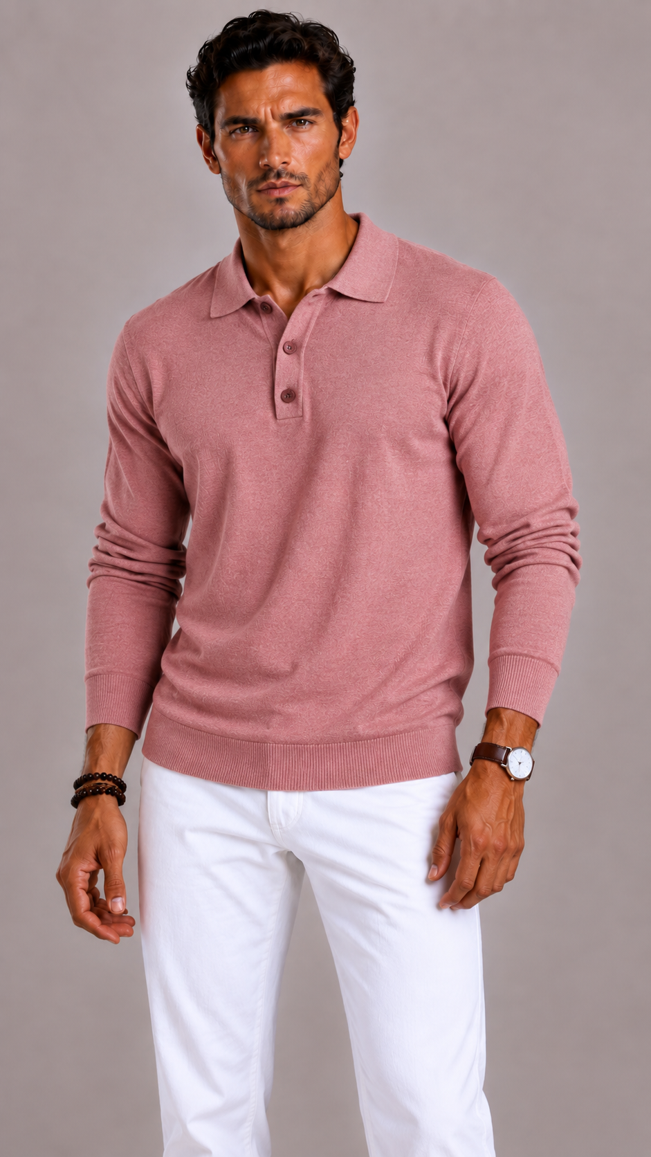Men's Polo Shirt with Long Sleeves, Collar and Button Closure