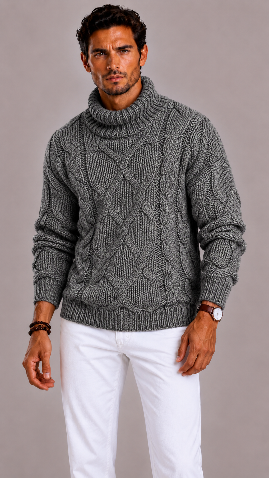 Men's Cable Knit Turtleneck Jumper with Long Sleeves and Ribbed Finish