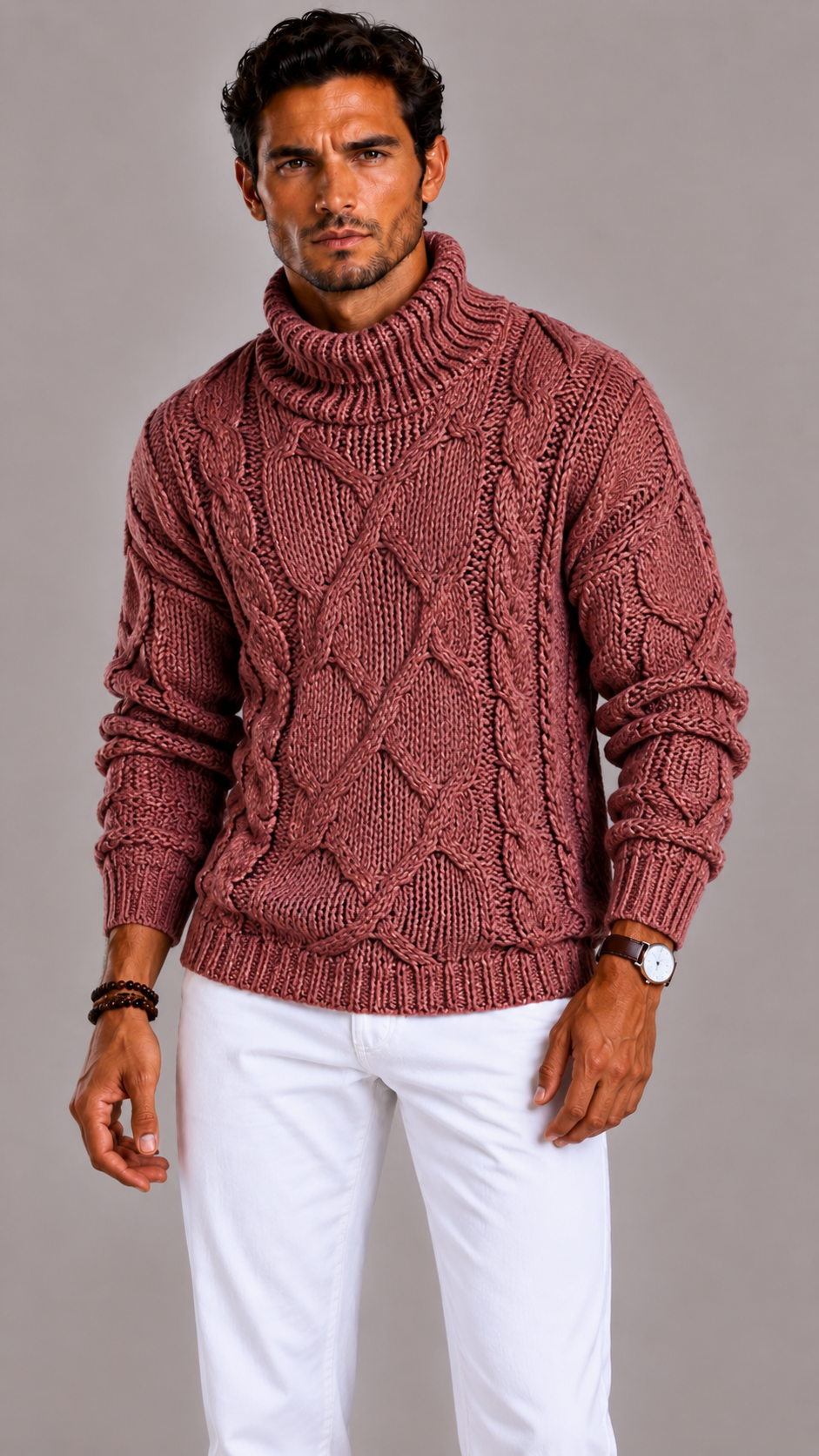 Men's Cable Knit Turtleneck Jumper with Long Sleeves and Ribbed Finish