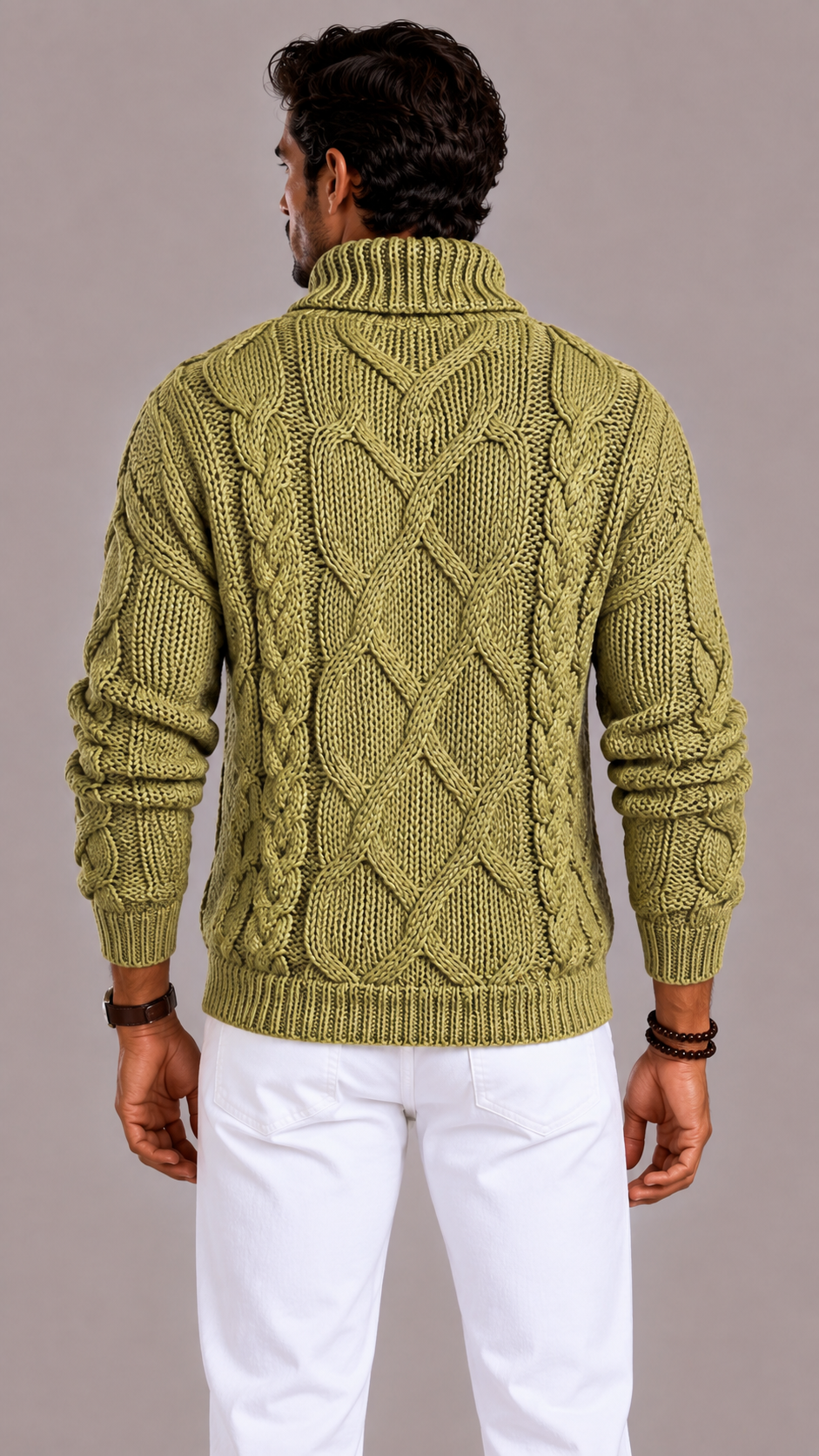 Men's Cable Knit Turtleneck Jumper with Long Sleeves and Ribbed Finish