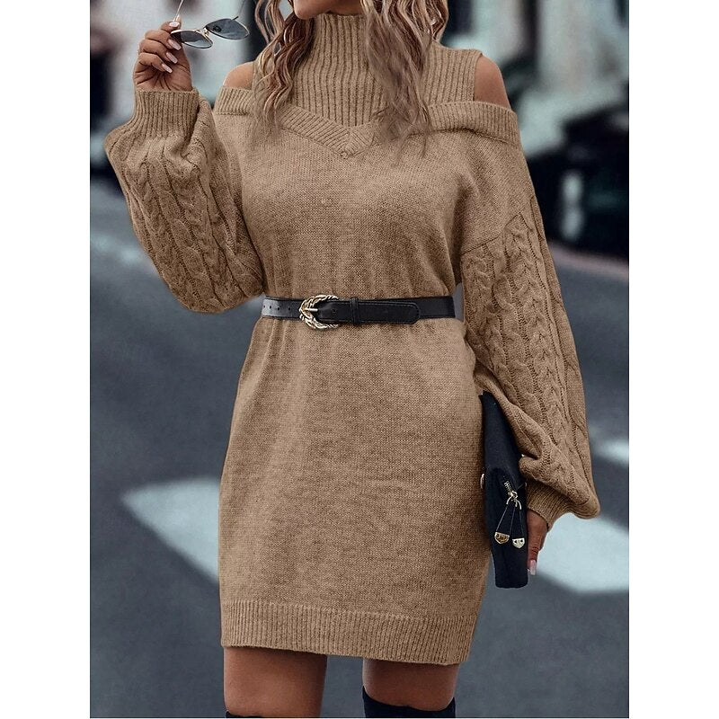 Everly | Turtleneck Sweater Dress with Cold Shoulder Design