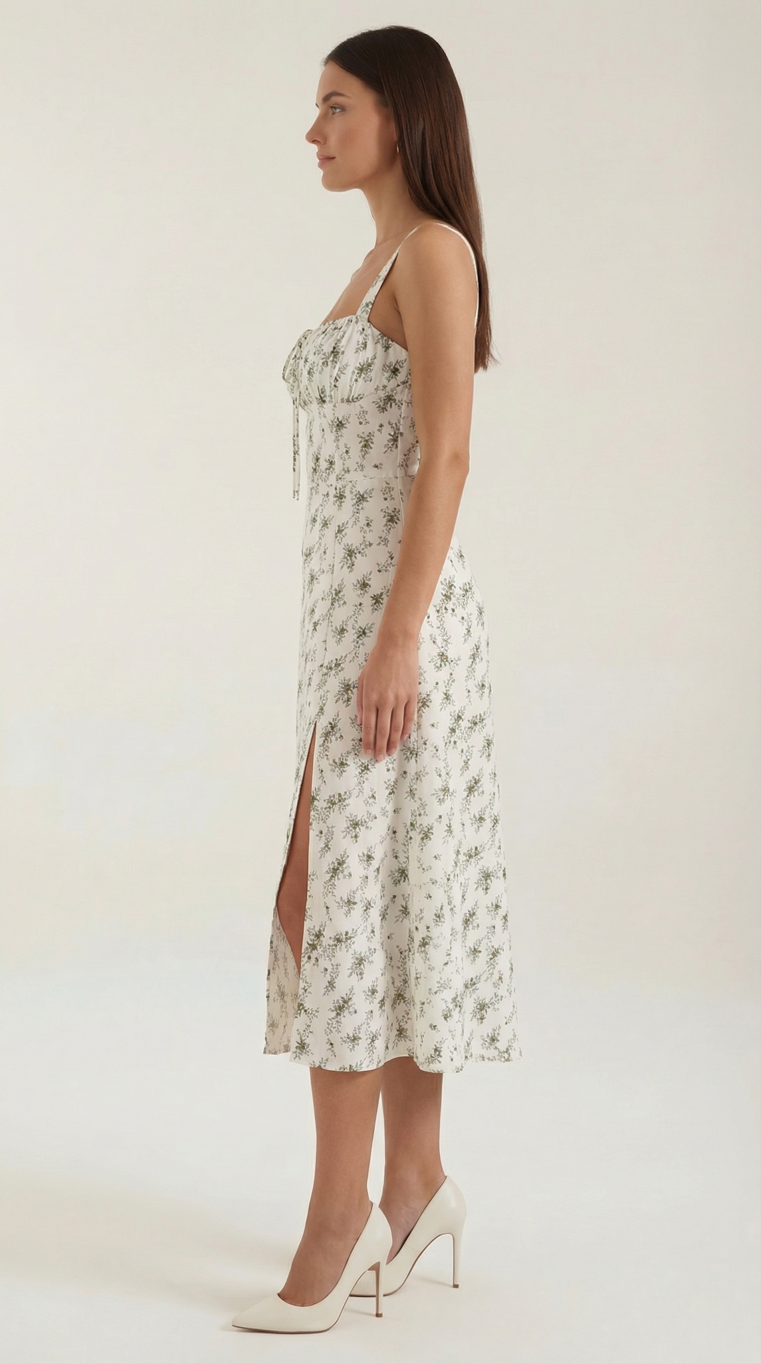 Midi Dress for Women A-Line Vintage Floral Print Heart-Shaped Neck Adjustable Back