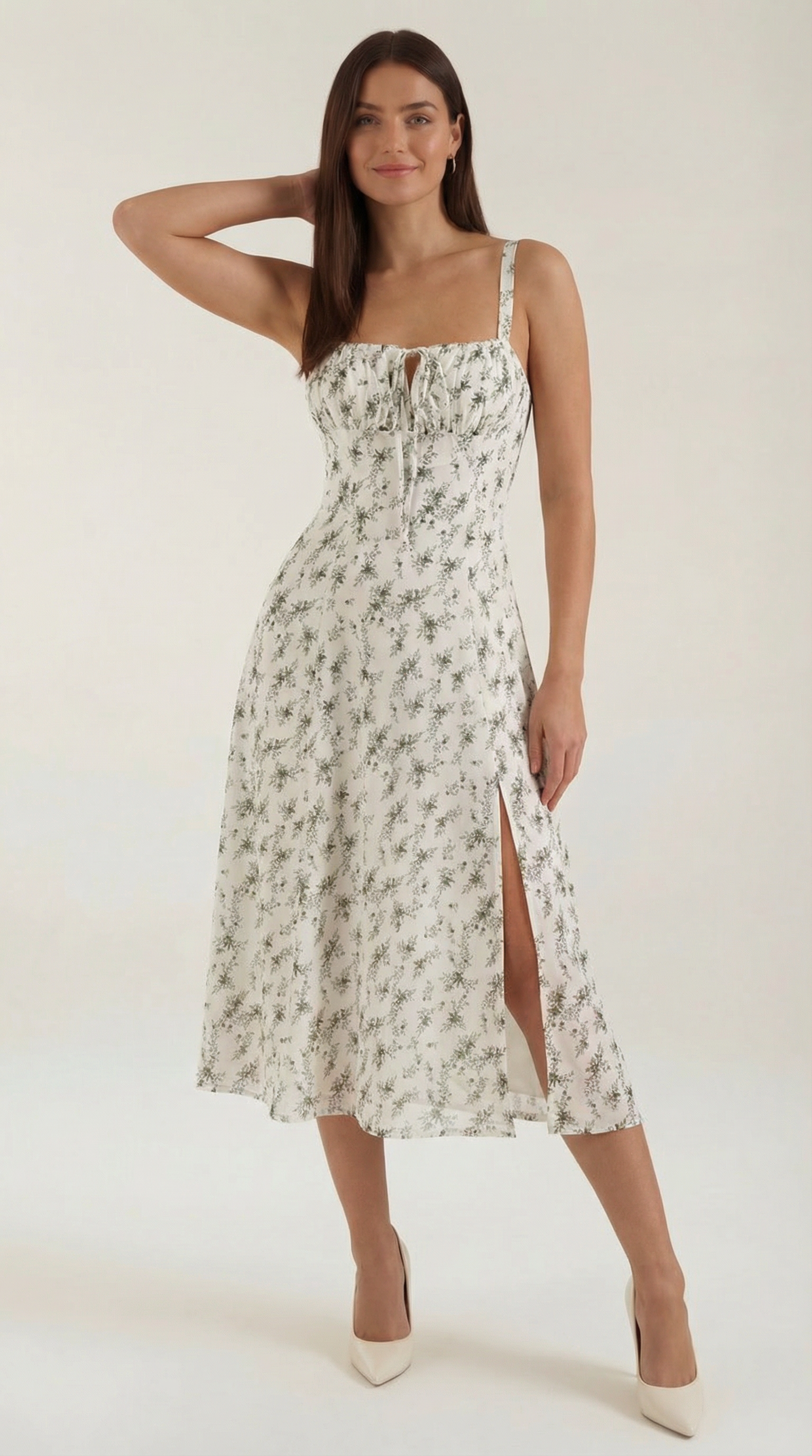 Midi Dress for Women A-Line Vintage Floral Print Heart-Shaped Neck Adjustable Back