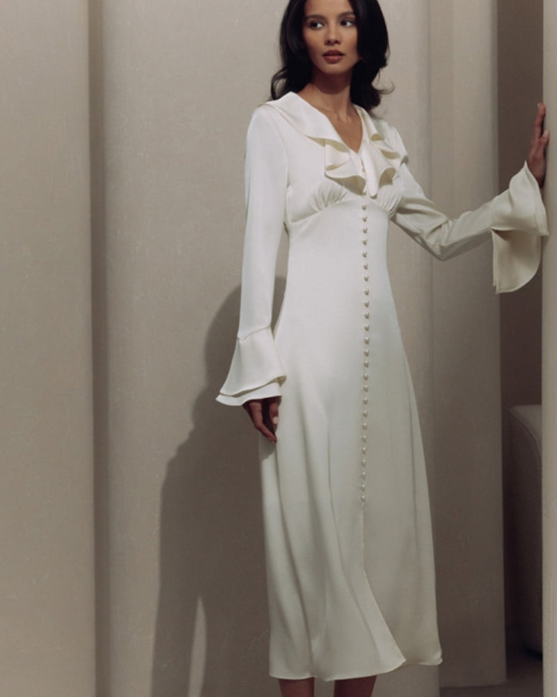 Ruffle Midi Dress Ladies Elegant Evening Dress Long Sleeves