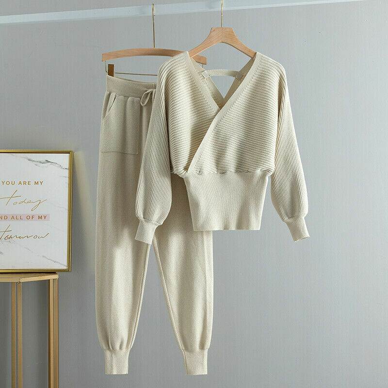 Women's V-Neck Ribbed Sweater and Jogger Set