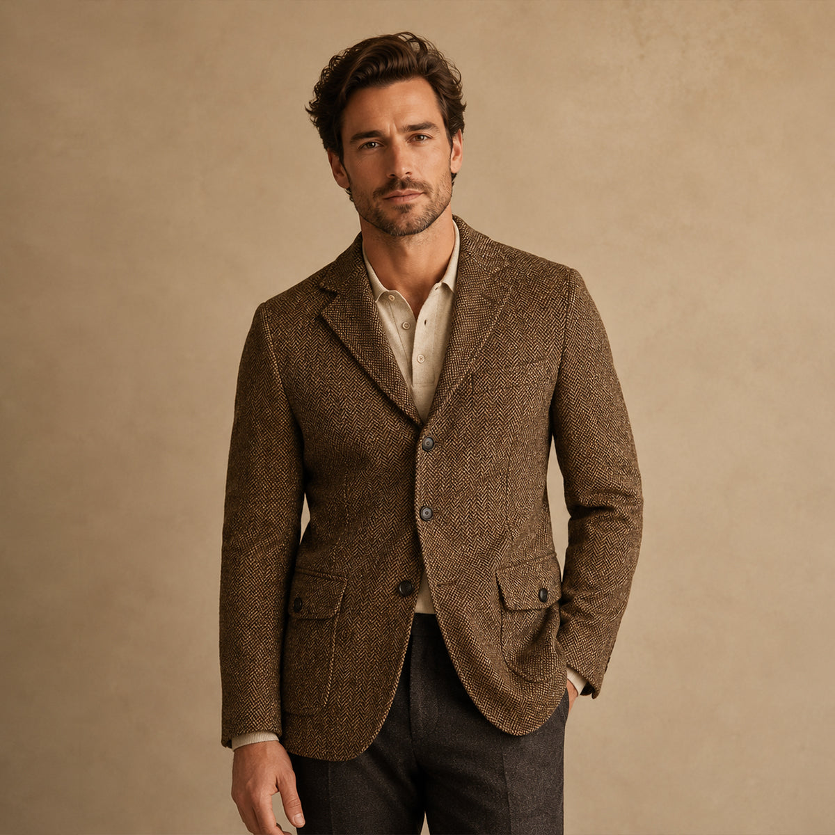 The Dolomiti Men's Tweed Single Breasted Business Blazer Suit - Dark Brown
