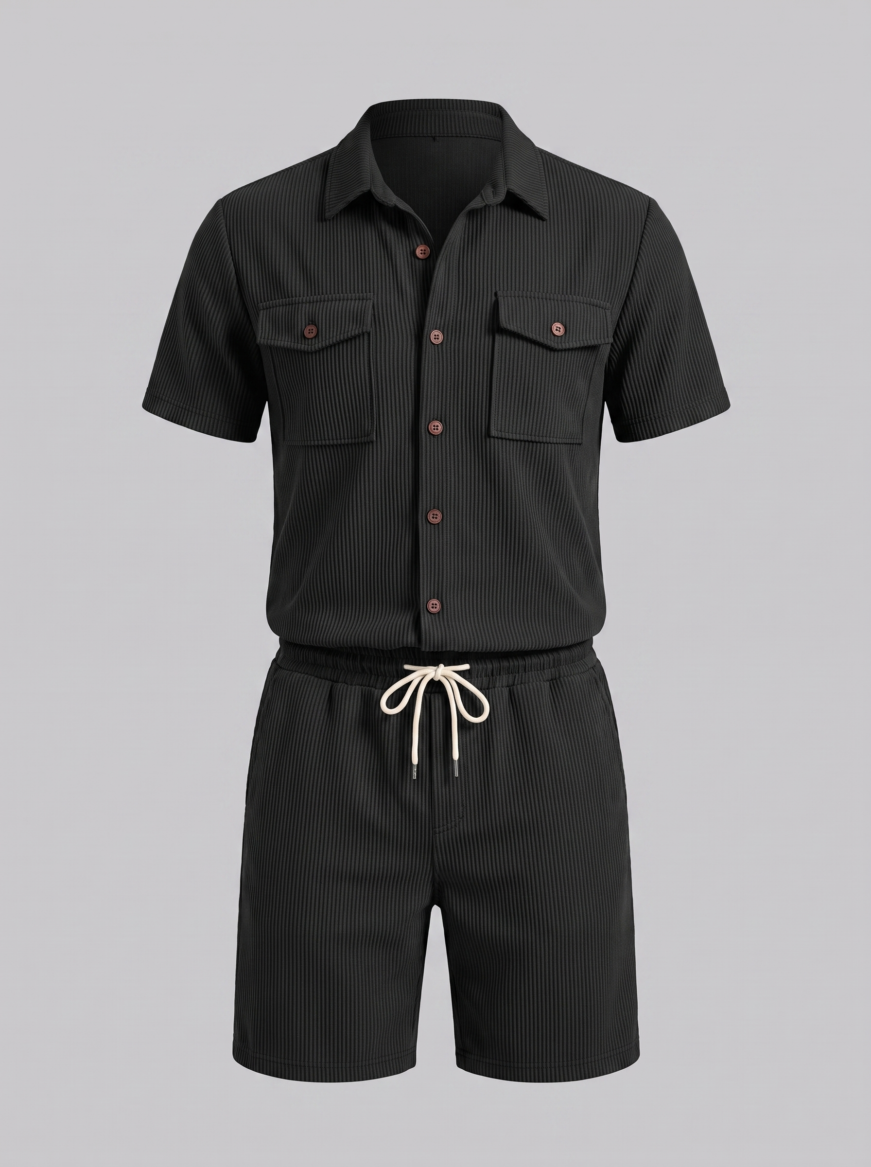 Shirt Shorts Set Heren Ribgebreide Streep Casual