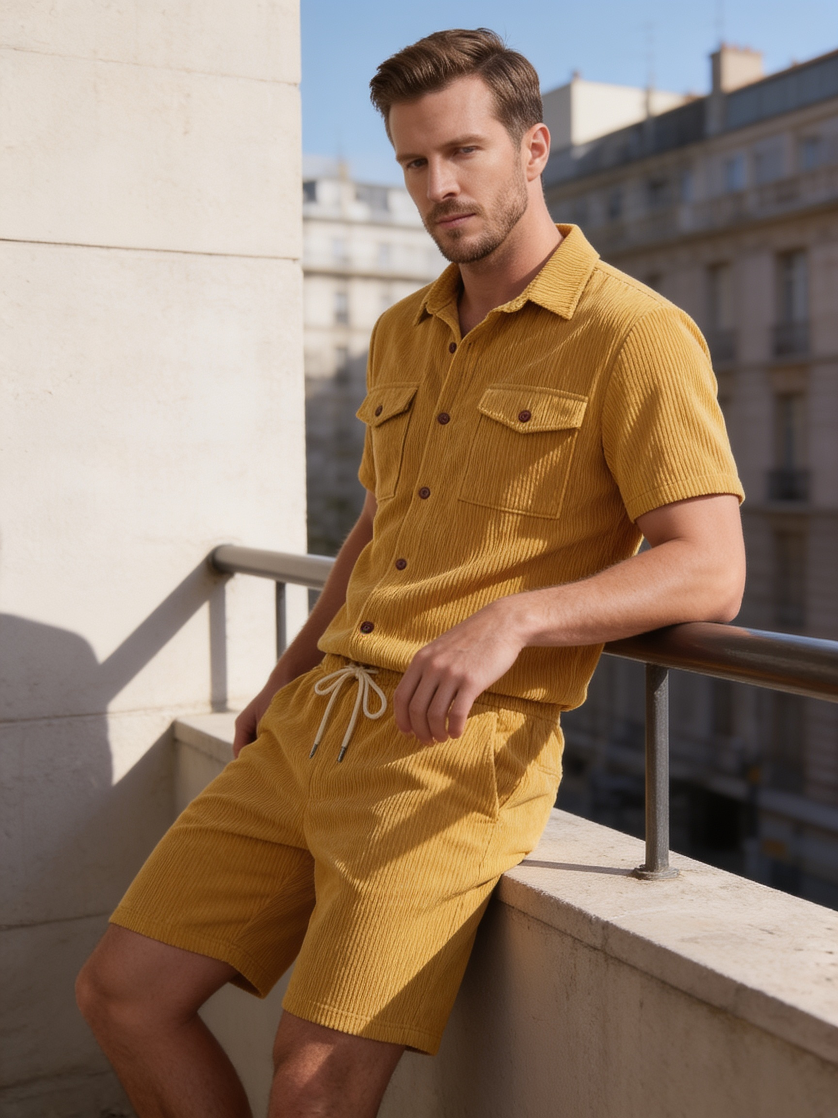 Shirt Shorts Set Heren Ribgebreide Streep Casual