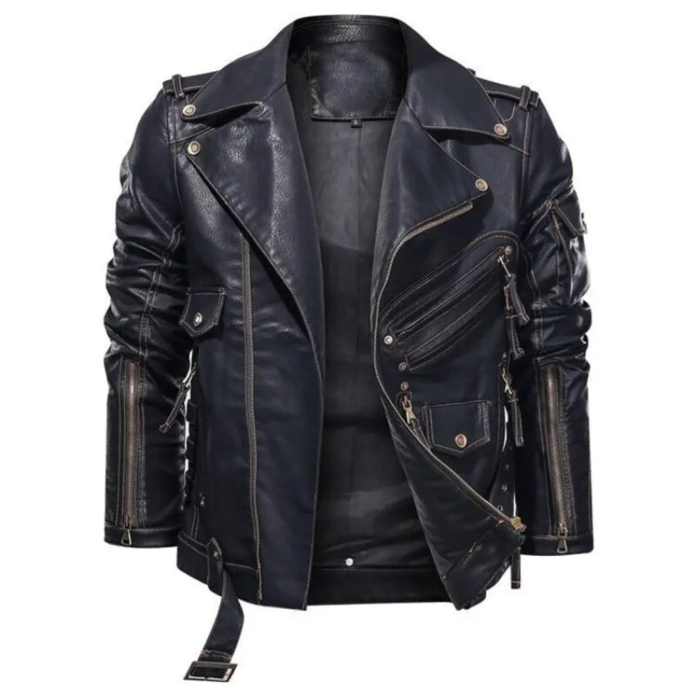 Men's Leather Jacket with Belt, V-Neck and Zip Closure