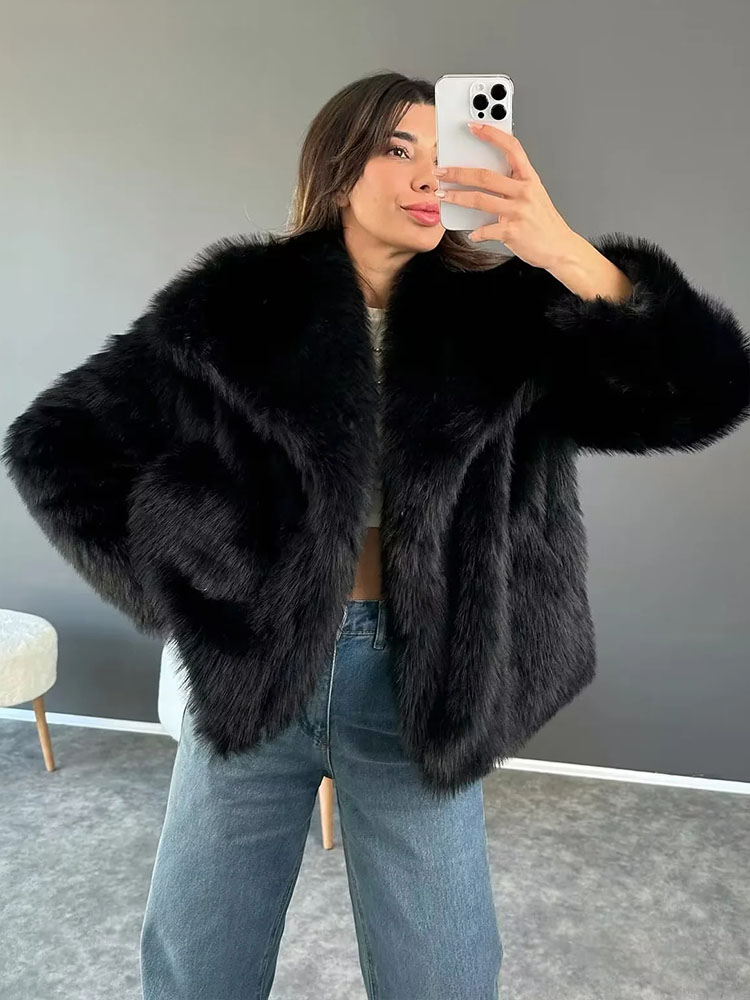 Faux Fur Coat for Women with Notched Collar