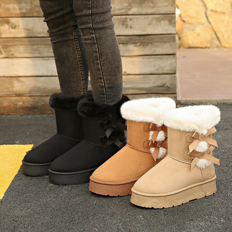 Women's Cozy Fur-Lined Boots with Stylish Bow Accents