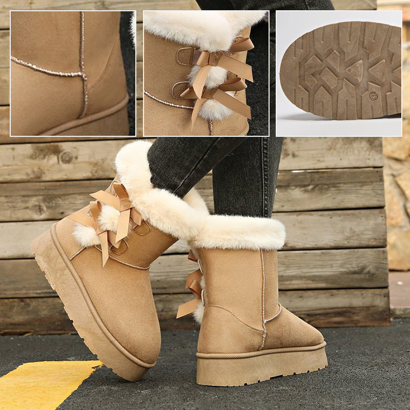 Women's Cozy Fur-Lined Boots with Stylish Bow Accents