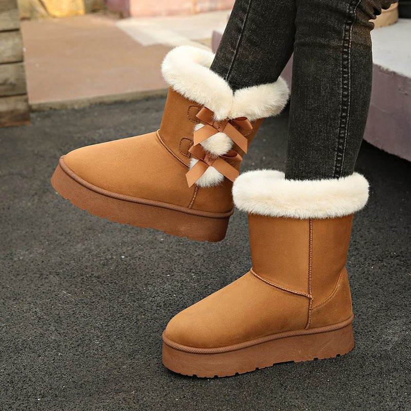 Women's Cozy Fur-Lined Boots with Stylish Bow Accents