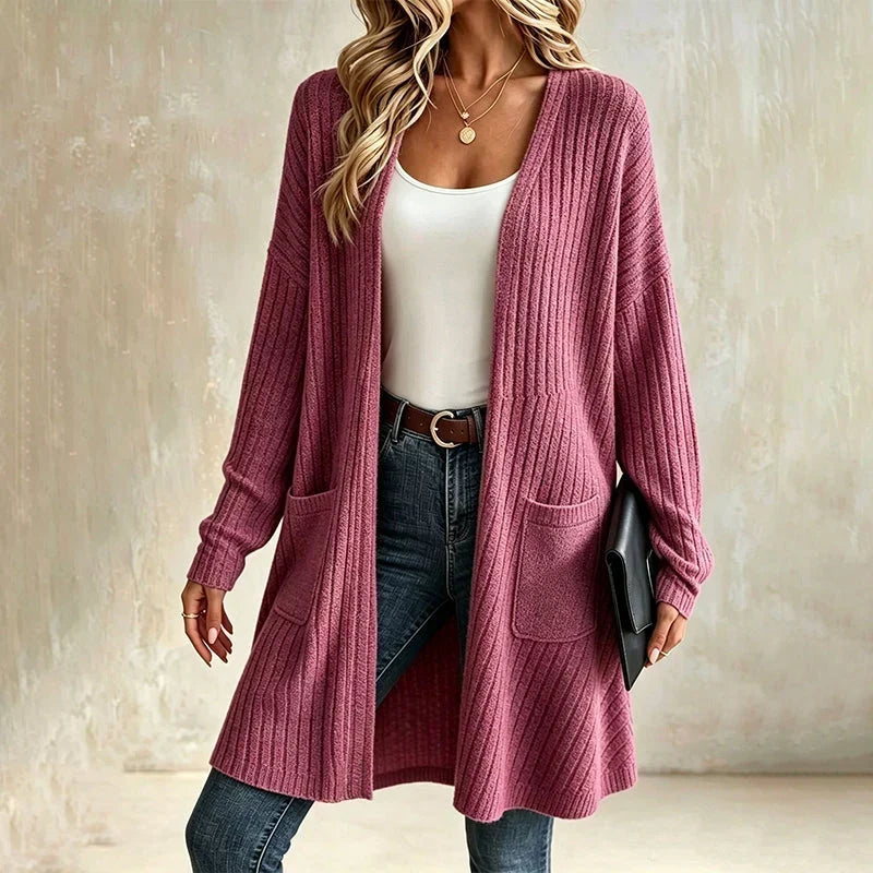Women's Long Ribbed Cardigan with Pockets