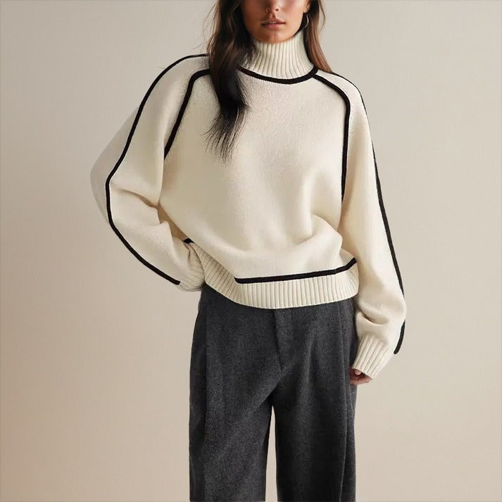 Stylish Ladies' Jumper with Roll Neck and Contrast Details