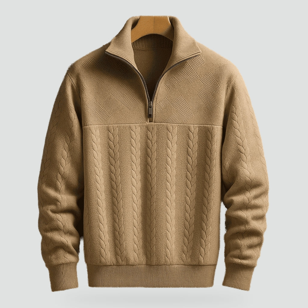 Stylish Cable Knit Jumper with Half-Zip and Stand-Up Collar for Men