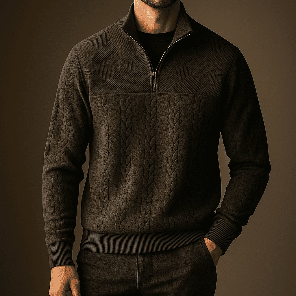 Stylish Cable Knit Jumper with Half-Zip and Stand-Up Collar for Men
