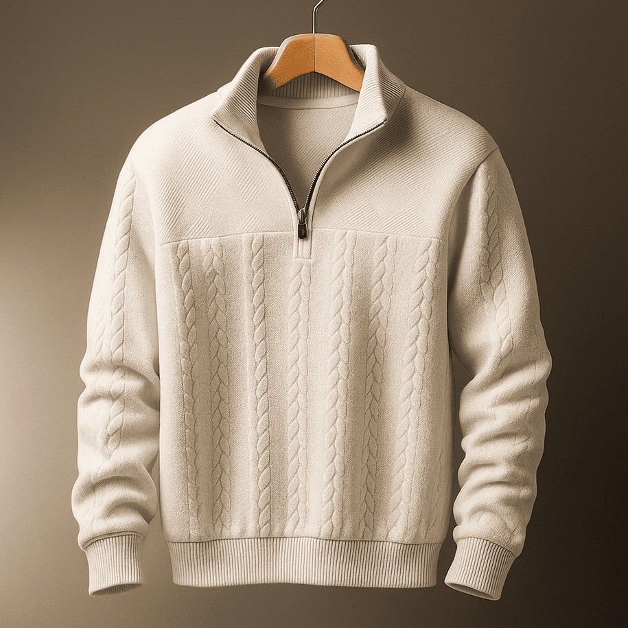 Stylish Cable Knit Jumper with Half-Zip and Stand-Up Collar for Men